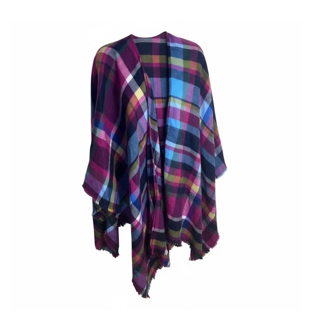 Soft Surroundings Poncho Womens OS Multicolor Plaid Wrap Shawl Fringe 18M27